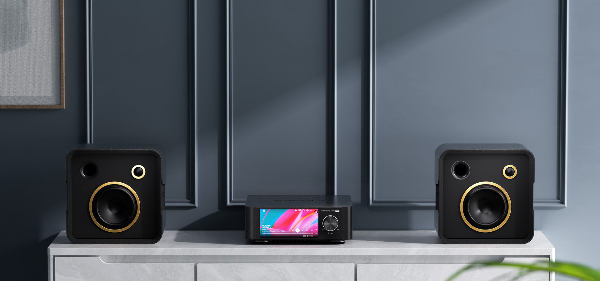 Eversolo Play music streamer device with sleek design, visible front display, and connectivity ports for high-quality audio streaming.