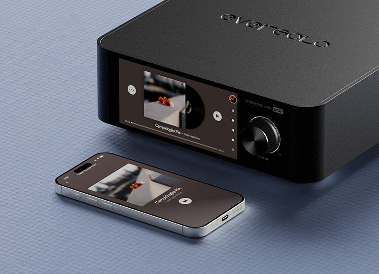 Eversolo Play music streamer with sleek design, showing front display and control buttons on a modern electronic device.