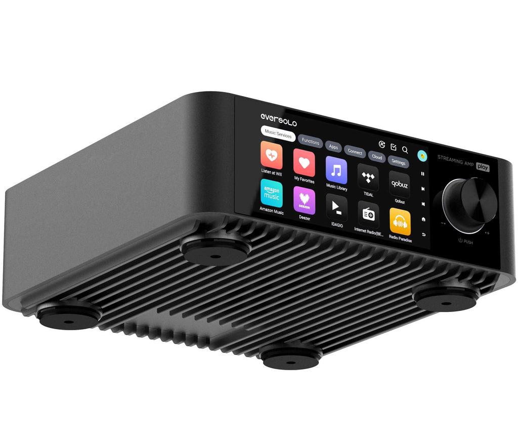 Eversolo Play music streamer displaying a sleek black device with a digital display and control buttons.