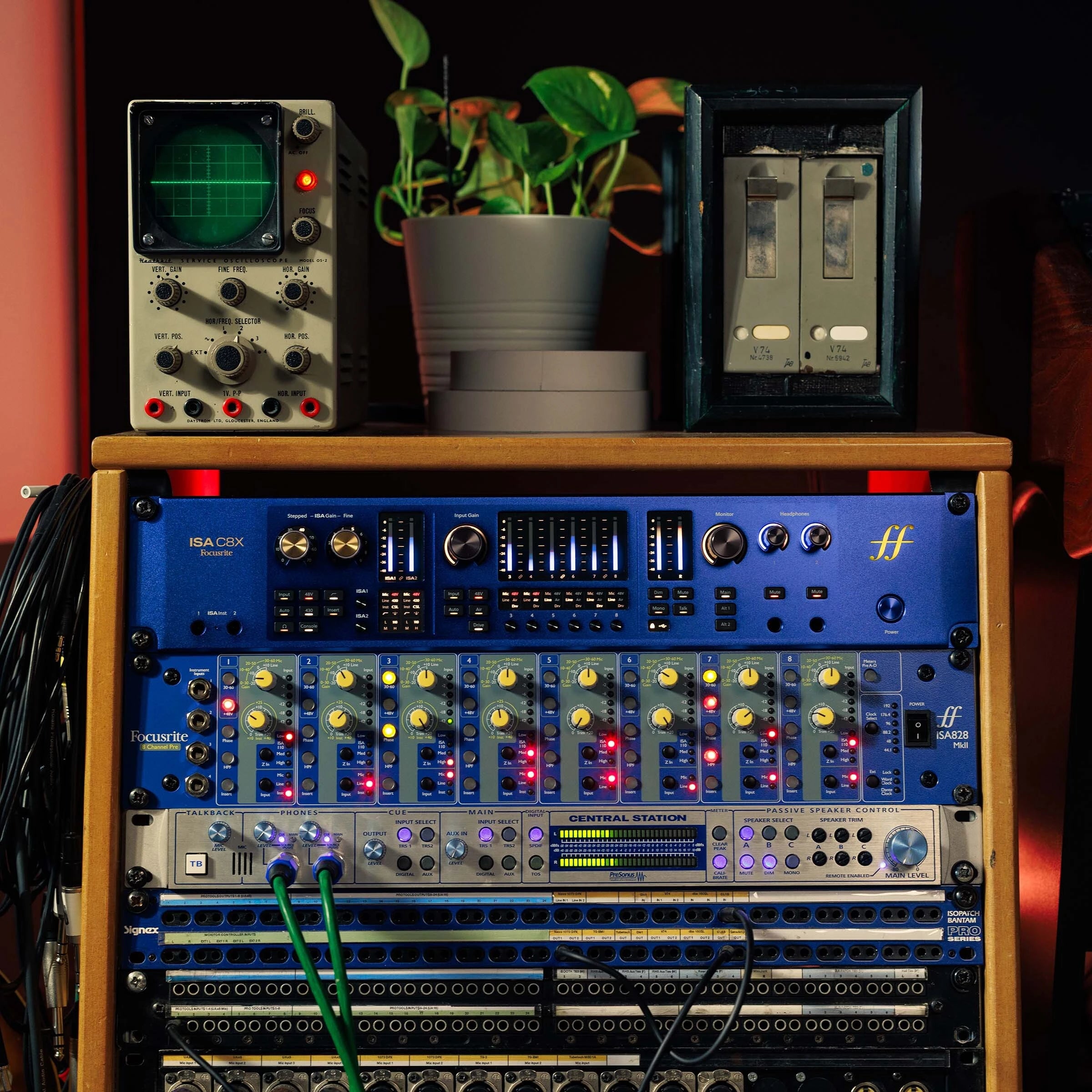Focusrite ISA C8X USB audio interface with multiple input and output connections, compact design, and professional audio equipment.