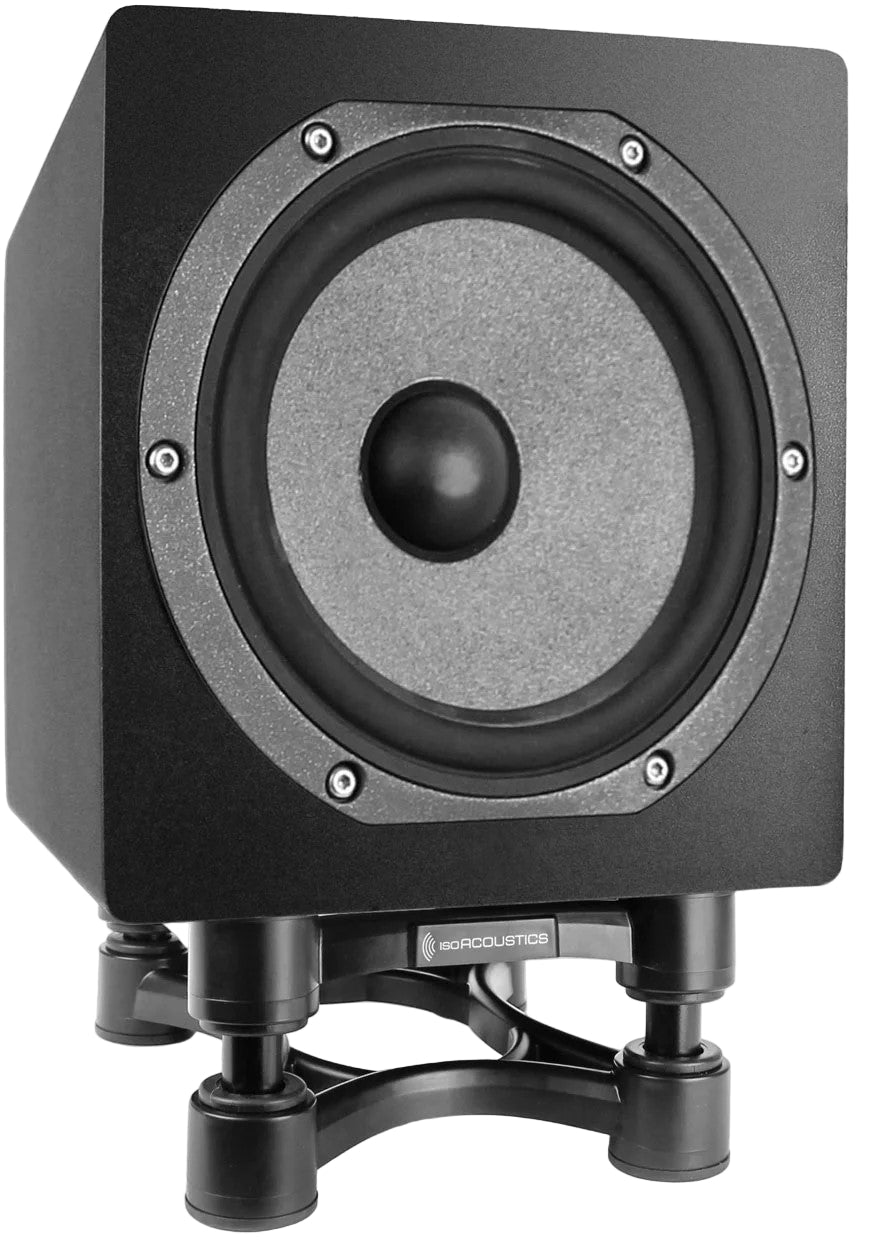 IsoAcoustics ISO-200SUB studio monitor stands supporting a subwoofer for optimal audio performance.