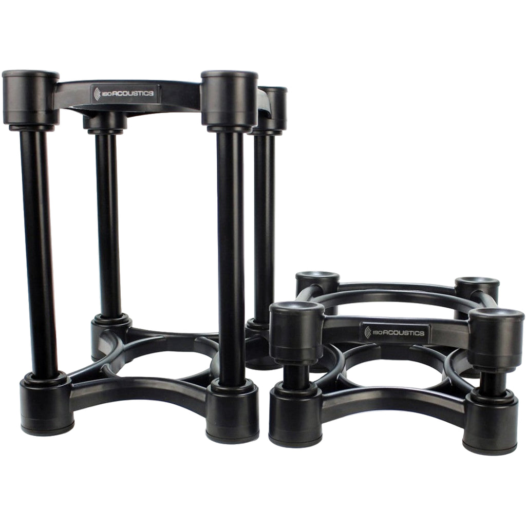 IsoAcoustics ISO-200 studio monitor stands showing sleek black design and adjustable height for optimal audio positioning.