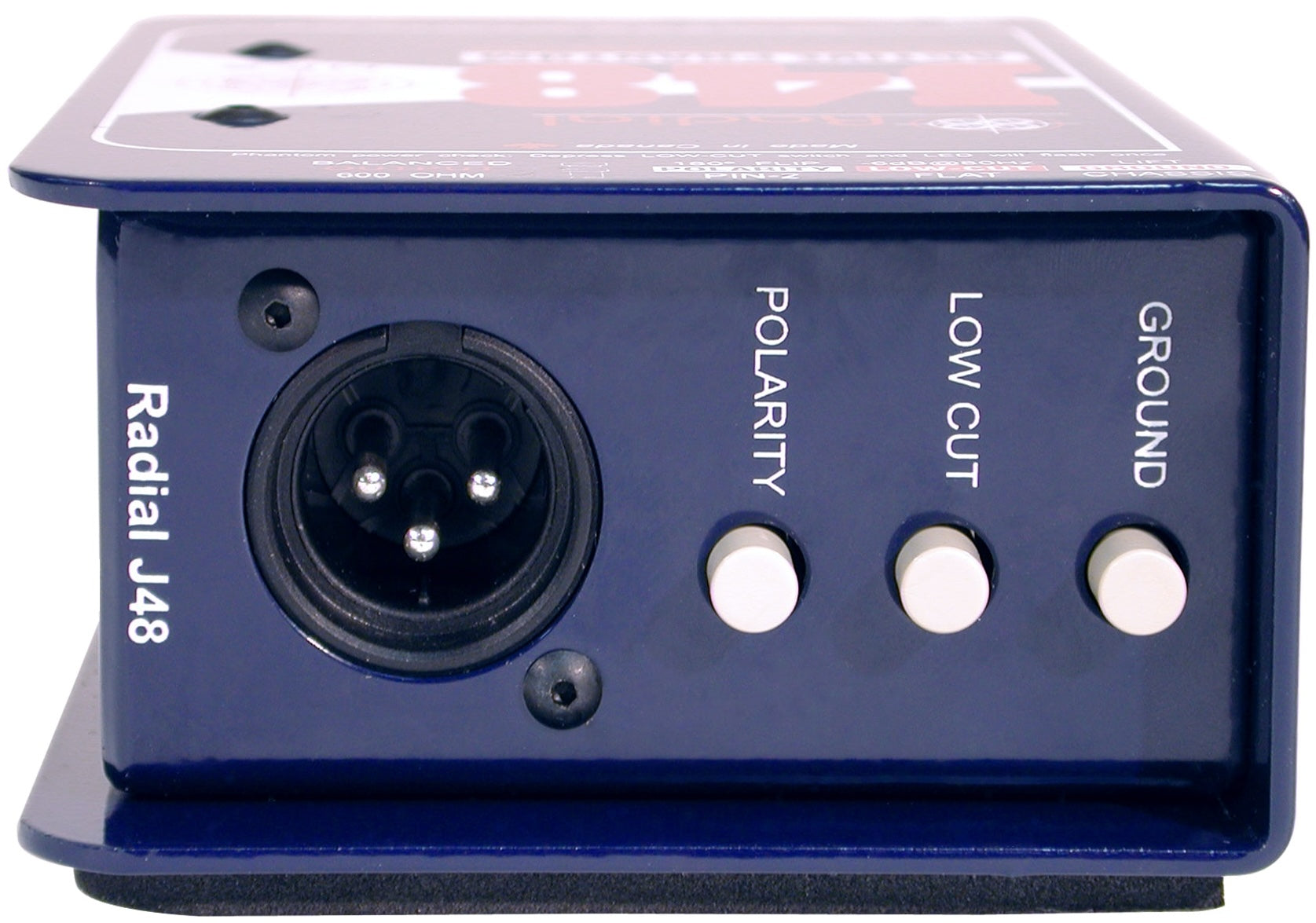Radial Engineering J48 mono DI box showing input and output jacks on a sturdy metal chassis.