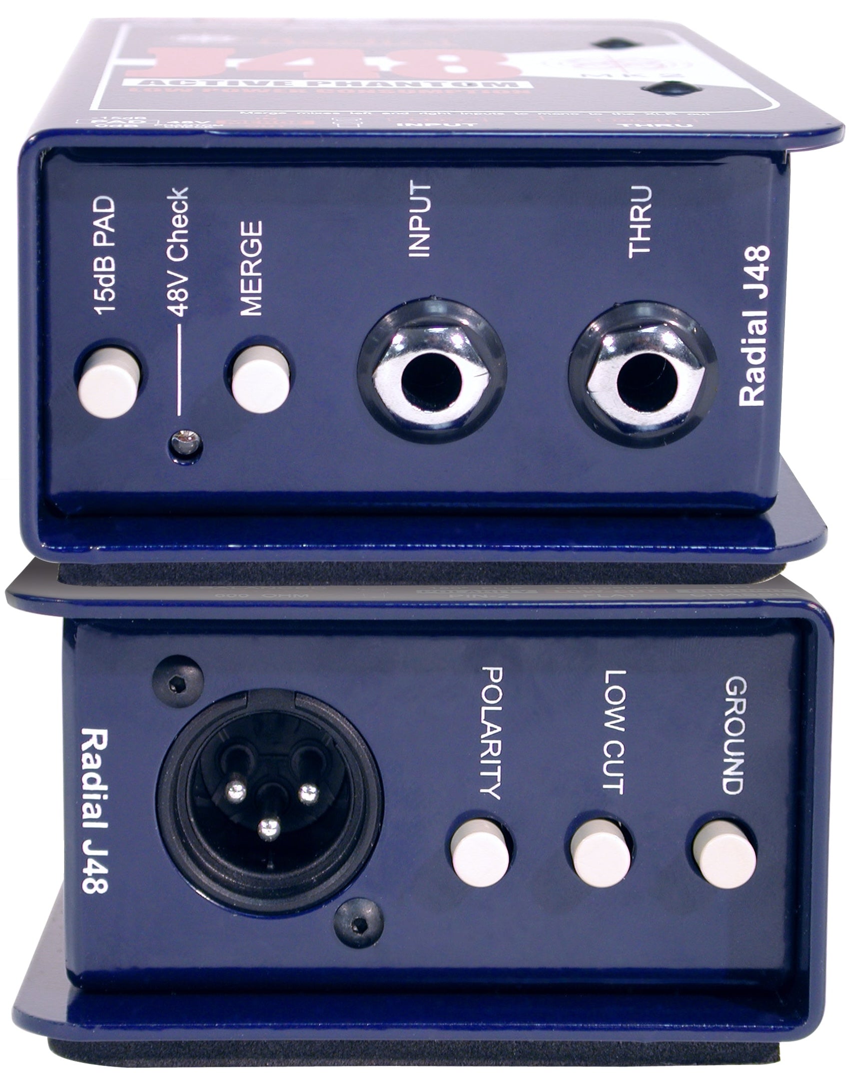 Radial Engineering J48 mono DI box stacked for professional audio signal management and balanced output connection.