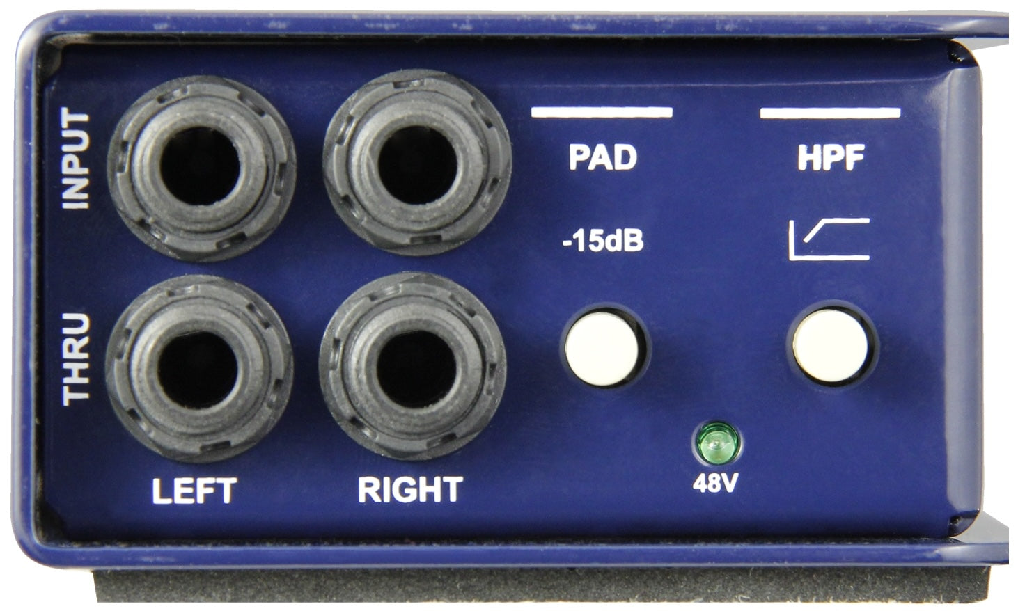 Radial Engineering J48 stereo DI box front view showing input and output connections for professional audio use.