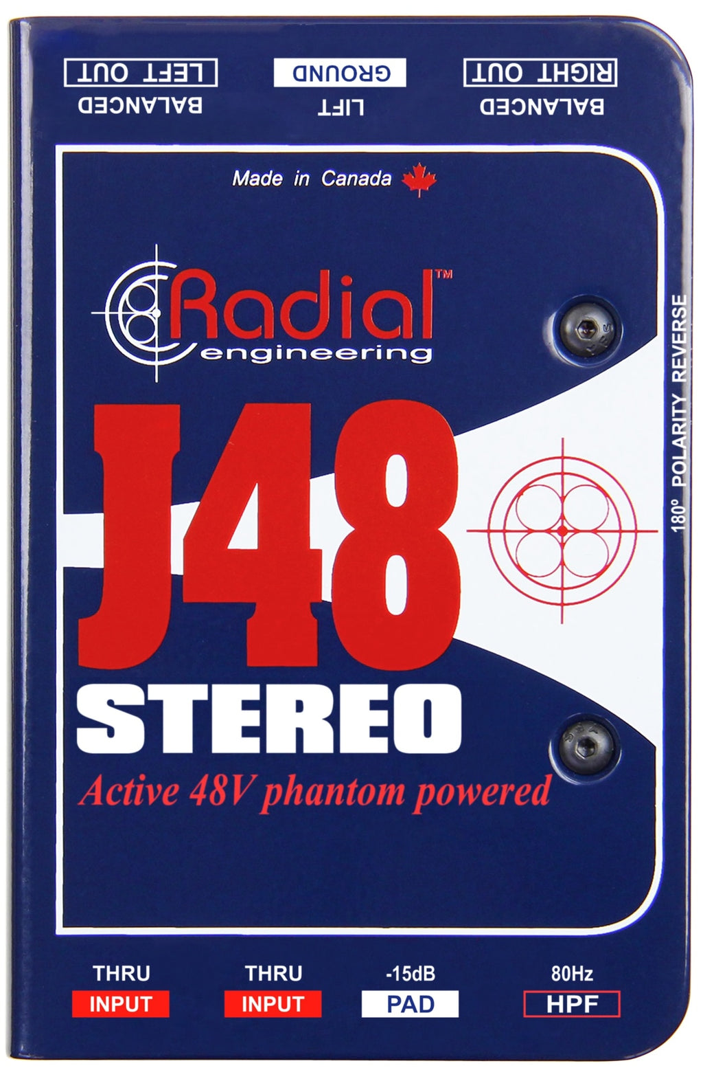 Stereo Radial Engineering J48 DI box with top view showing input and output connectors for professional audio use.