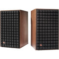 Black JBL L82 Classic MK2 passive bookshelf speakers with wood finish and grille, showcasing their elegant design.