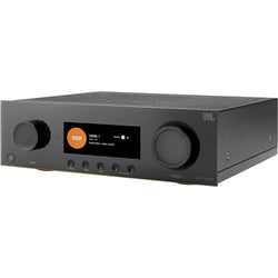 JBL MA7100HP stereo amplifier with sleek black design and control knobs, showcasing high-performance audio equipment.