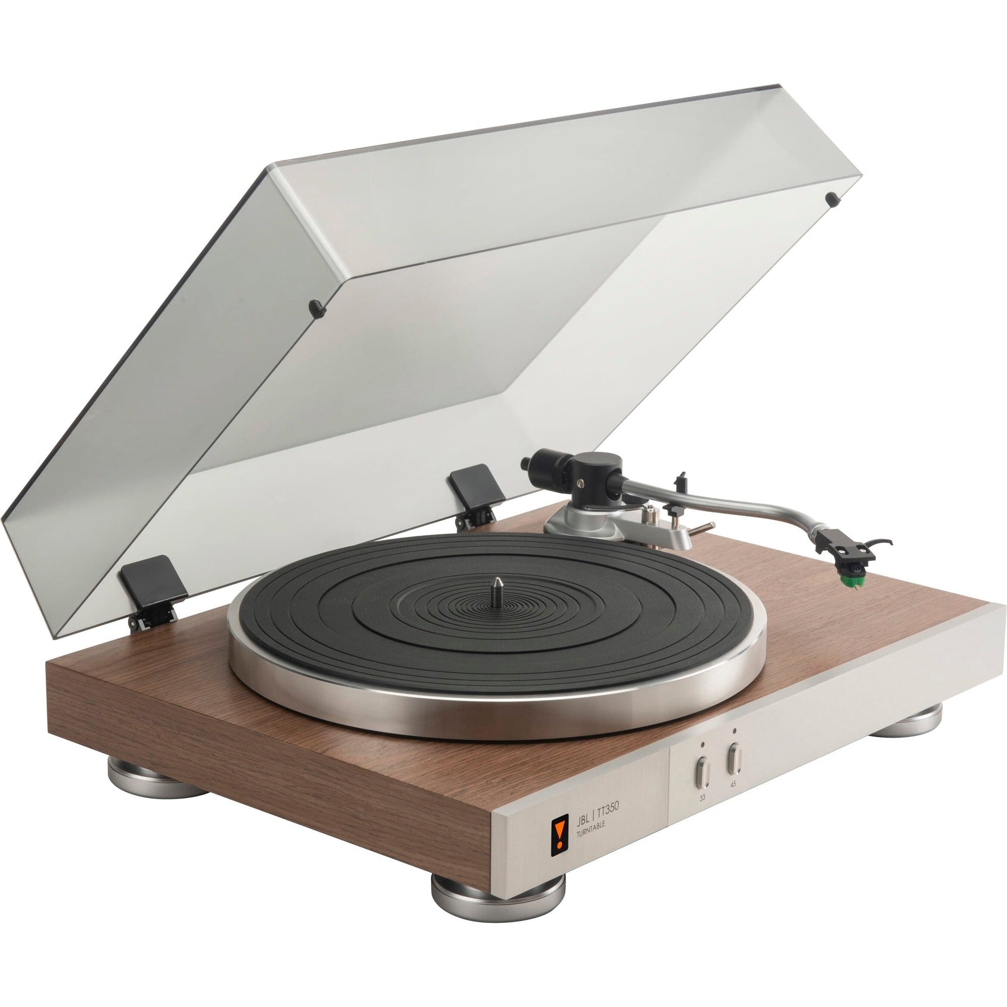 JBL TT350 turntable with sleek black design and tonearm, showcasing the vintage-inspired audio equipment.