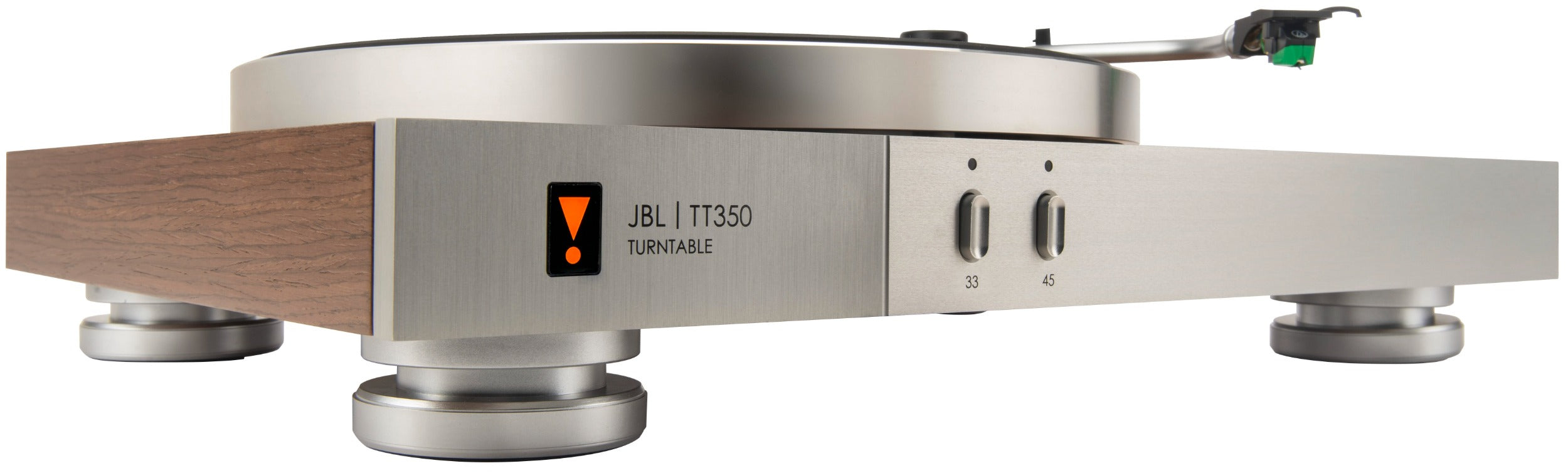JBL TT350 turntable with lid off, showing the tonearm and platter in a close-up side view.