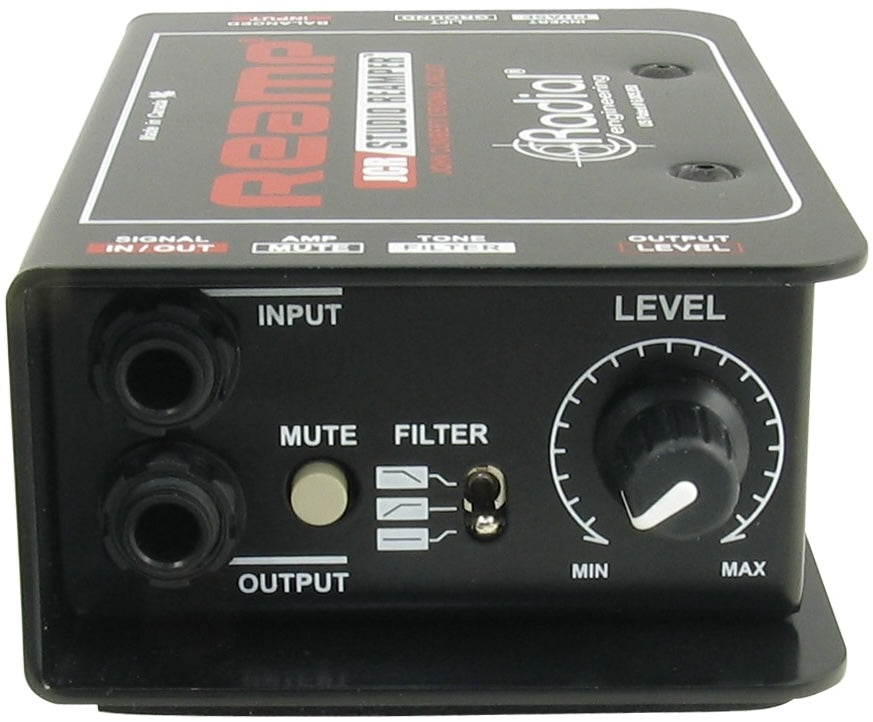 Radial Engineering JCR DI box with front view showing input and output connections for professional audio signal management.