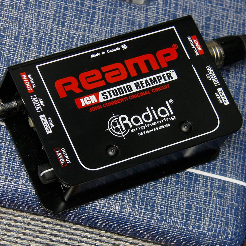 Radial Engineering JCR DI box showing front panel with input, output, and control knobs for professional audio signal management.