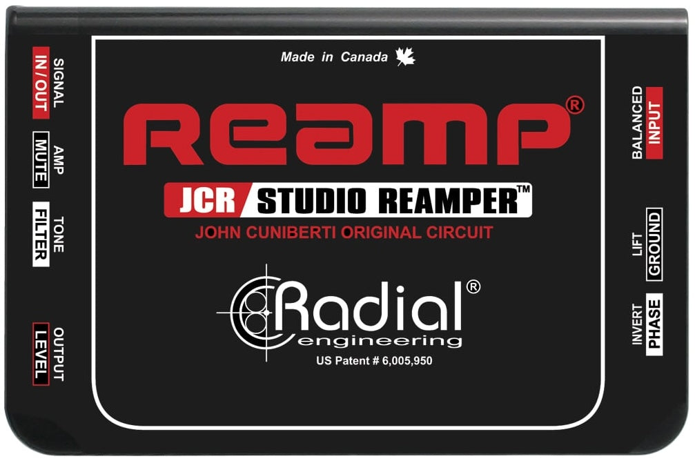 Radial Engineering JCR DI box showing the top view with input/output jacks and control knobs for audio signal management.