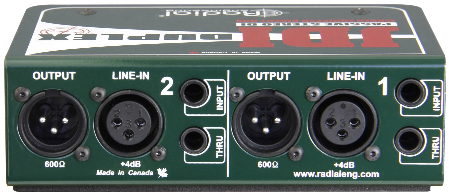 Radial Engineering JDI Duplex DI box with rear panel showing input and output connections on a professional audio device.