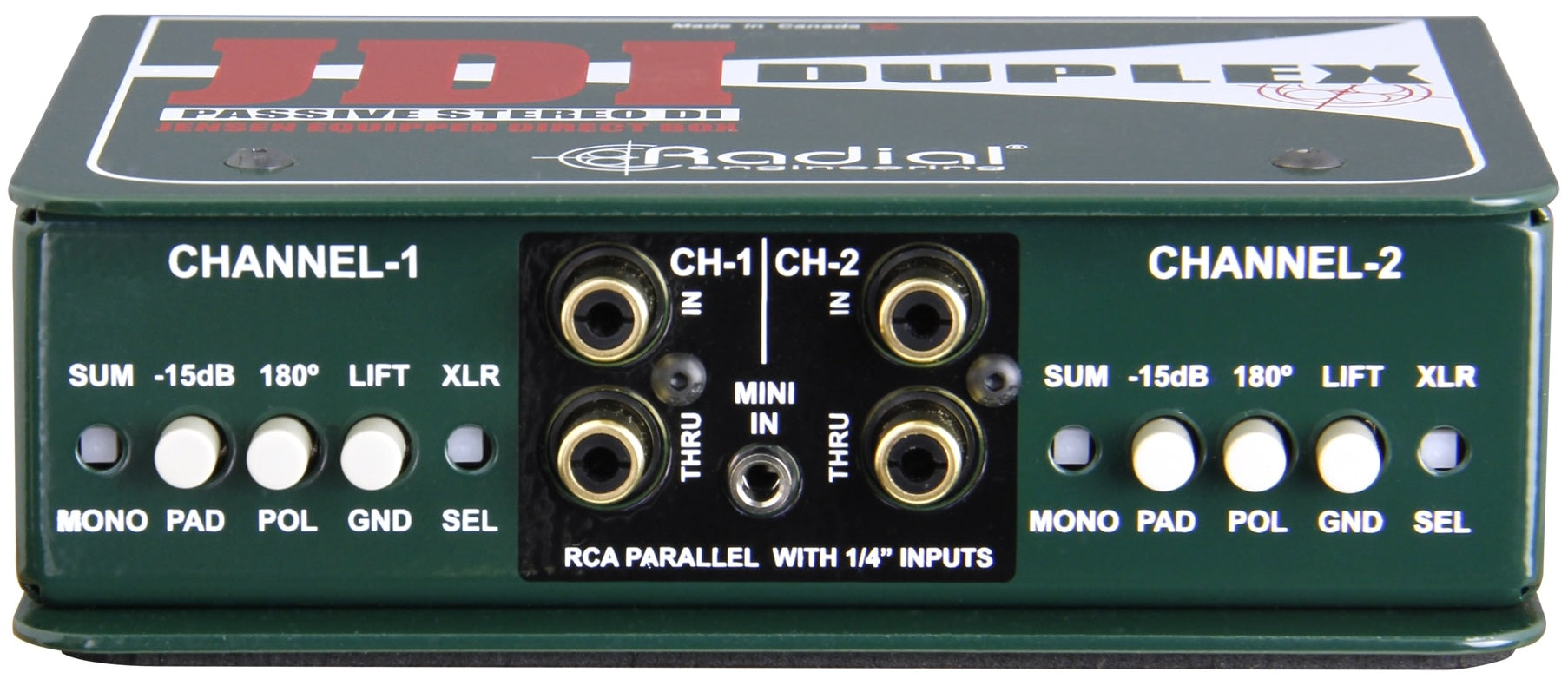 Front view of Radial Engineering JDI Duplex DI box showing input and output connectors on a durable metal panel.