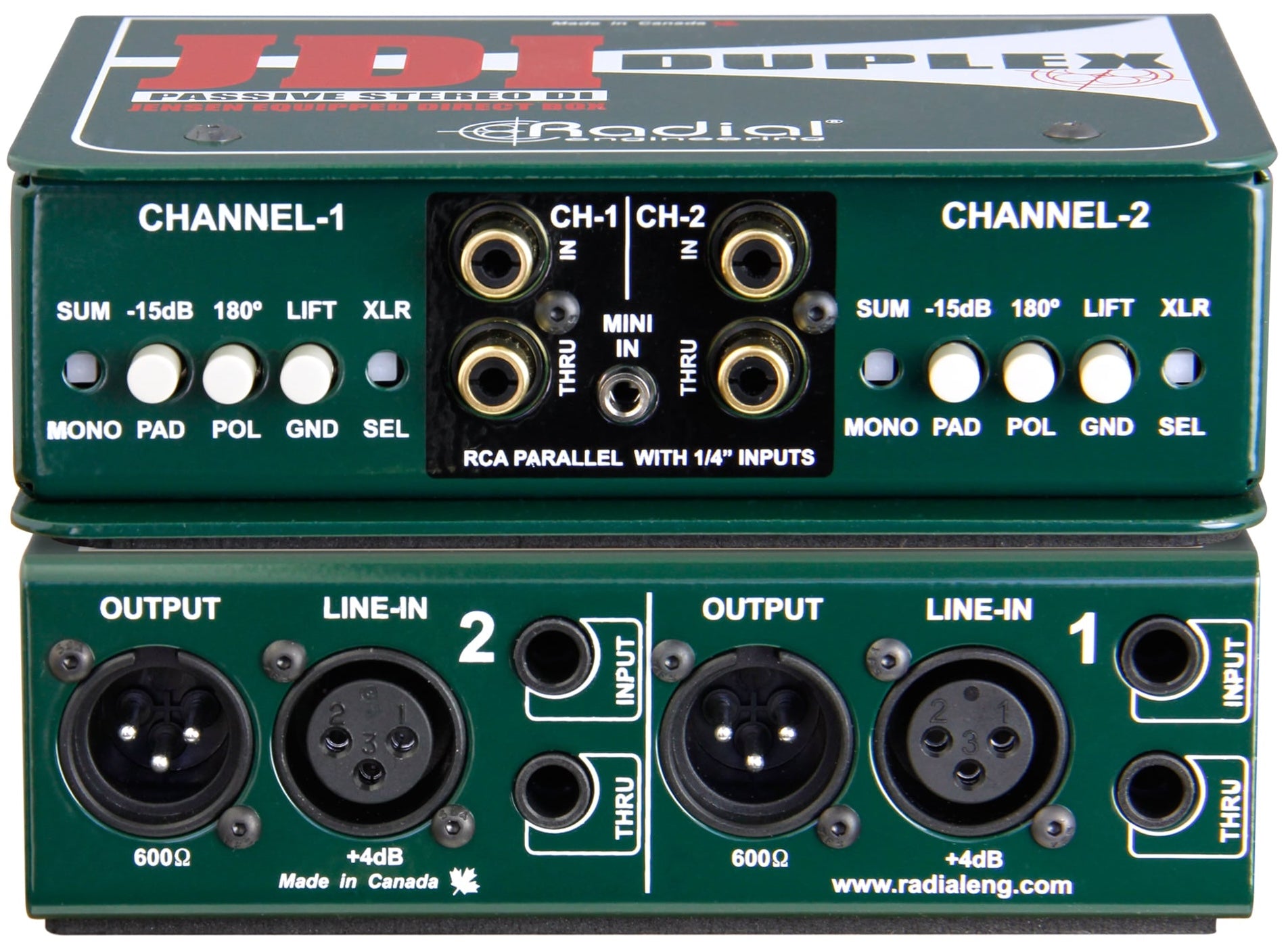 Stacked Radial Engineering JDI Duplex DI boxes with dual channels and rugged metal panels for professional audio use.