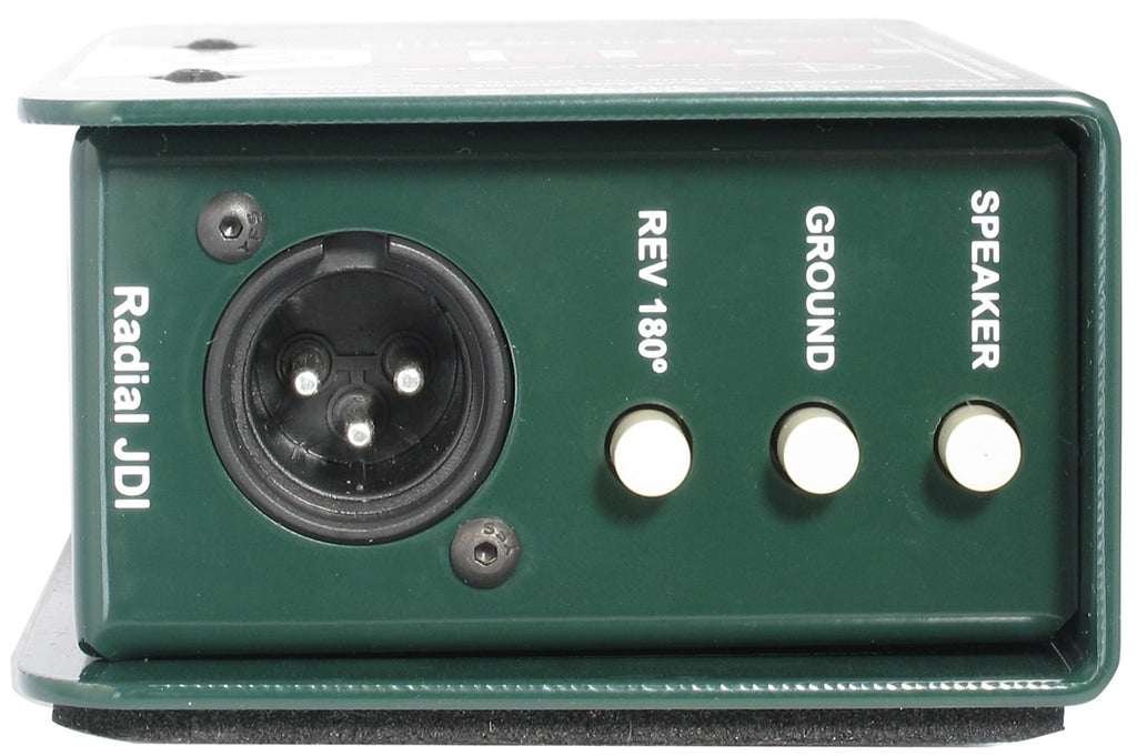 Radial Engineering JDI mono DI box shown from the back with input and output connections for professional audio setups.
