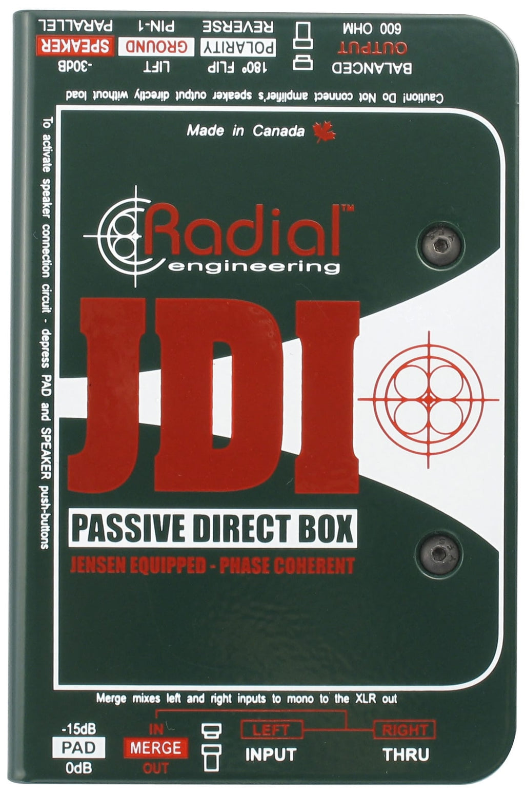 Radial Engineering JDI mono DI box showing top view with input and output jacks on a rugged metal chassis