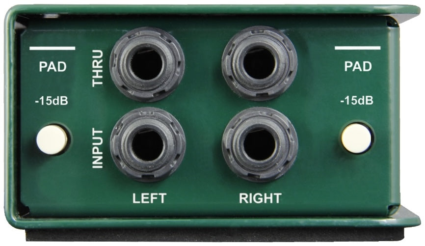 Radial Engineering JDI stereo DI box with input and output jacks, compact black metal enclosure, used for direct instrument connection.