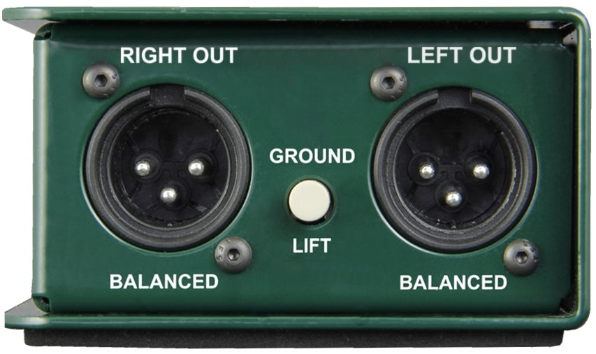 Stereo Radial Engineering JDI DI box showing input and output connections on a professional audio device.