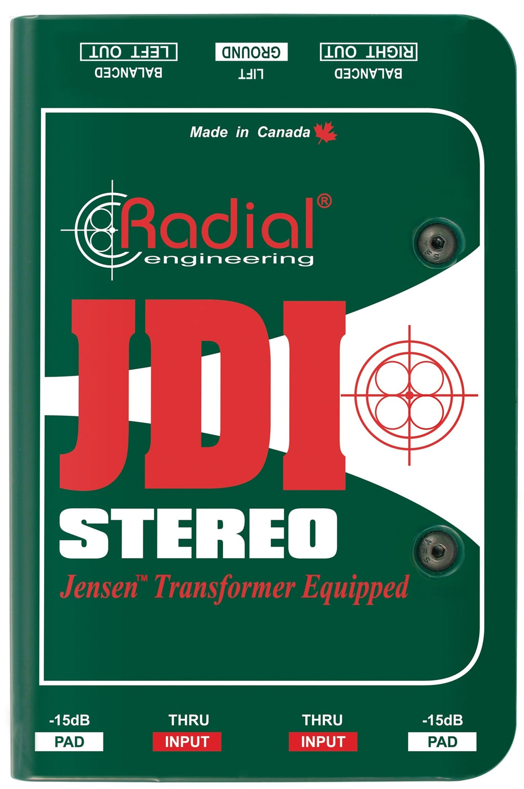 Radial Engineering JDI stereo DI box showing top view with input and output connections on a professional audio equipment surface.