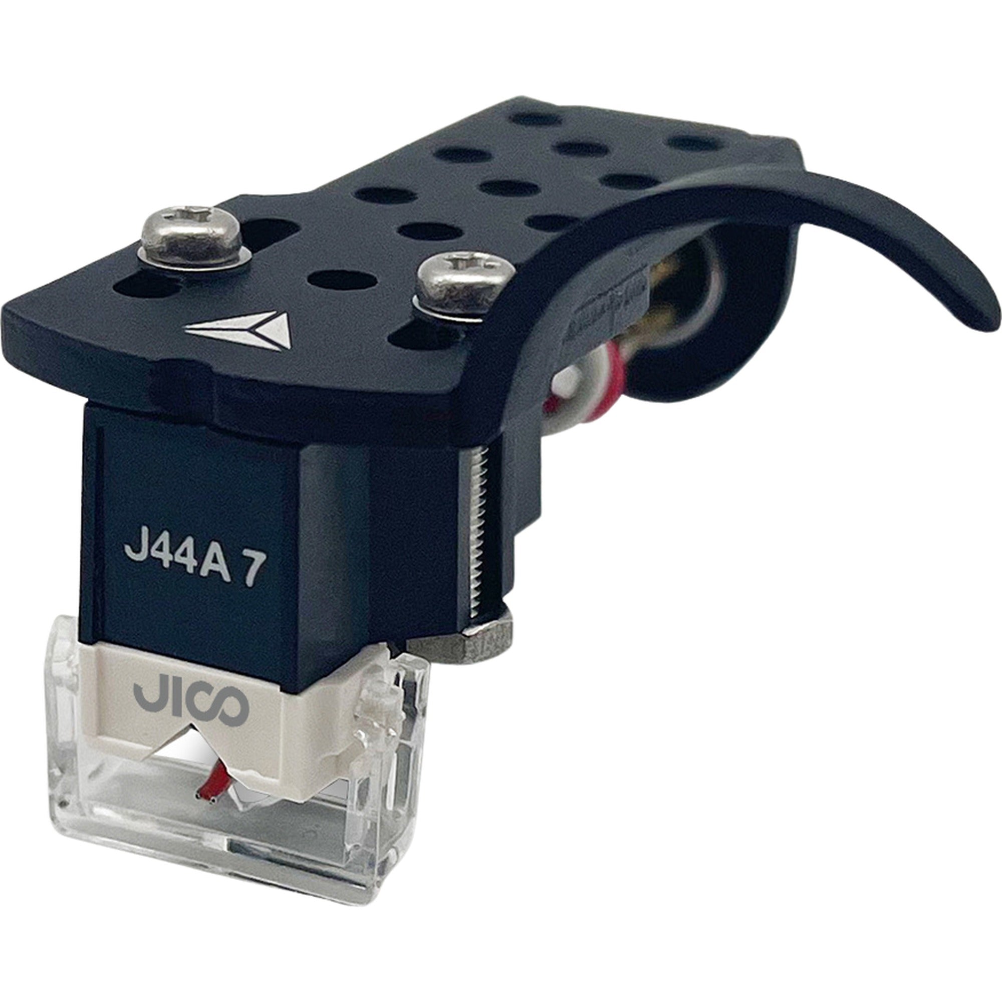 Jico J44A 7 Omnia DJ turntable cartridge with nude stylus and headshell, black finish, designed for high-quality vinyl playback.
