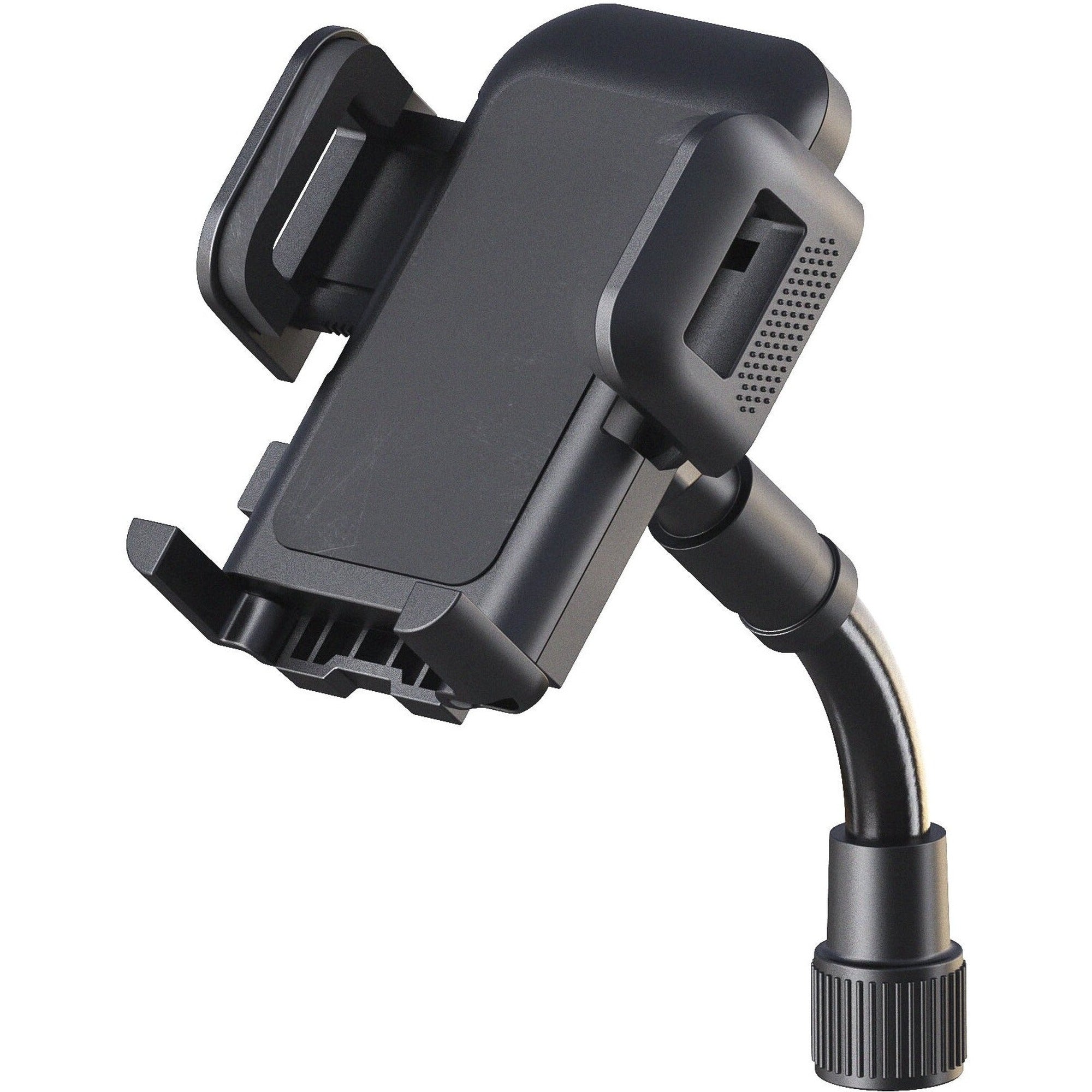 K&M 19762 Smartphone Holder attached to a microphone stand, adjustable clamp for holding smartphones securely during performances or recordings.