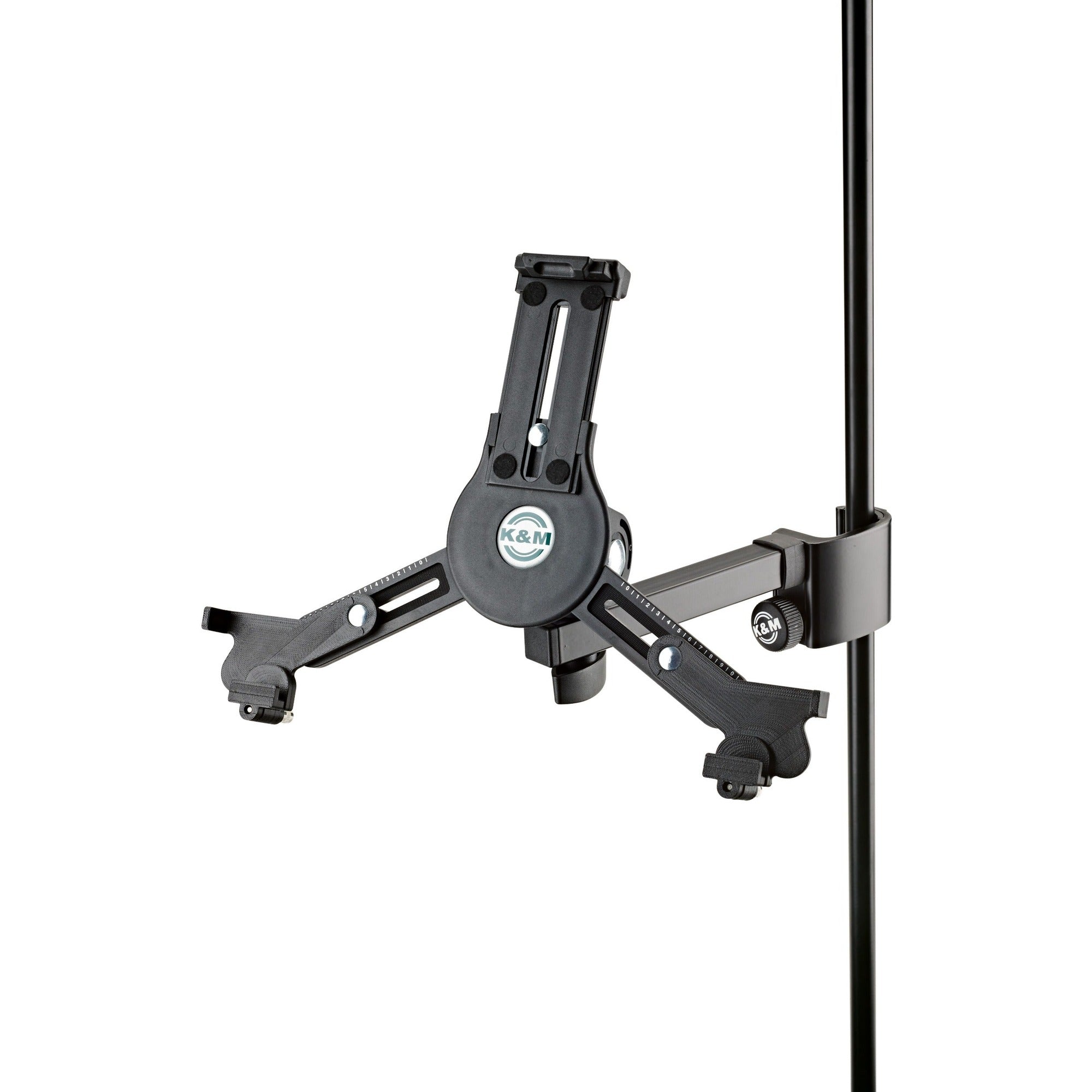 K&M 19791 multimedia microphone stand with adjustable arm and sturdy base, designed for professional audio and recording setups.