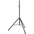 K&M 21436 PA speaker stands set up with adjustable height and sturdy black metal construction for professional audio setup.