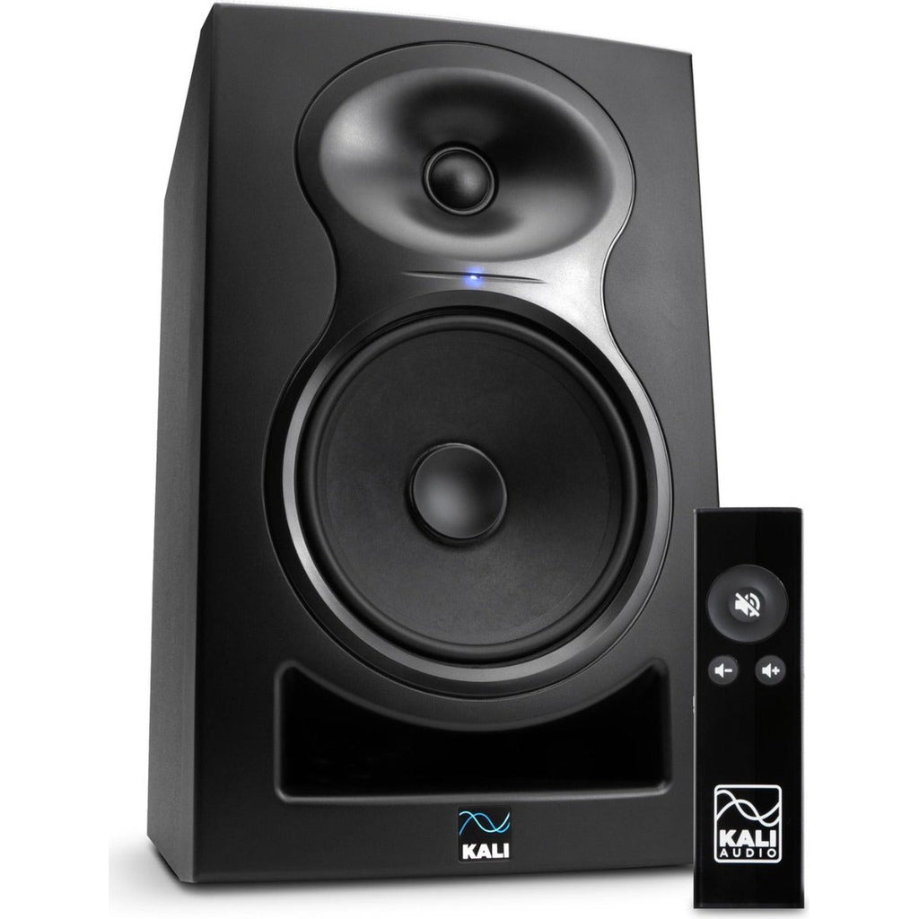 Black Kali Audio MM-6 active nearfield monitors with sleek design and dual woofers for accurate sound reproduction.