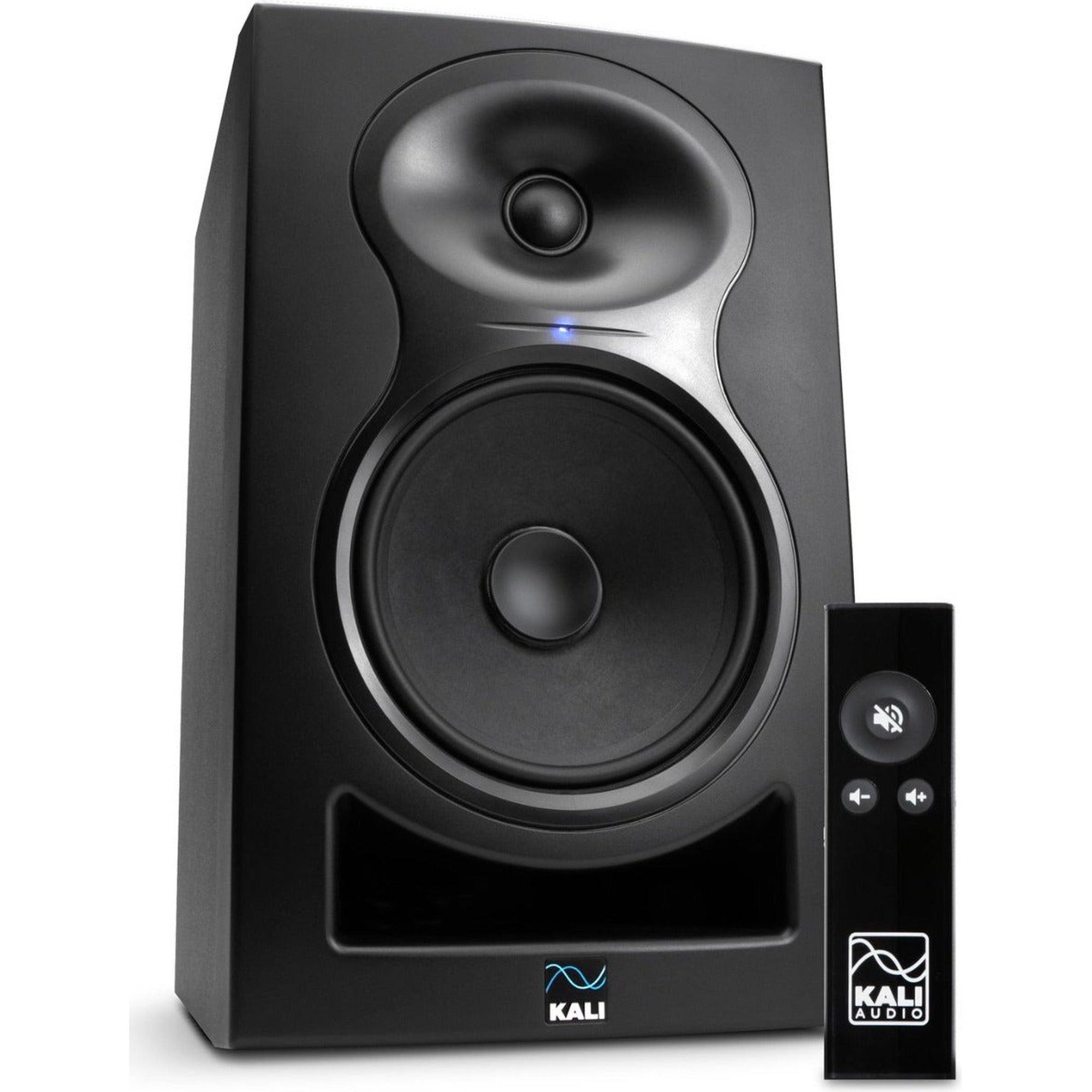 Black Kali Audio MM-6 active nearfield monitors with sleek design and dual woofers for accurate sound reproduction.
