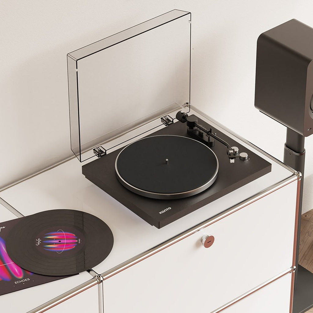 Kanto Audio OBI3 Gen 2 turntable, Black, in a living-room hi-fi setup