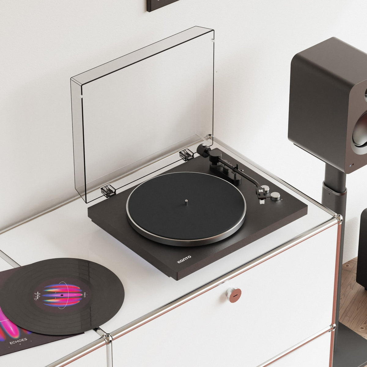 Kanto Audio OBI3 Gen 2 turntable, Black, in a living-room hi-fi setup