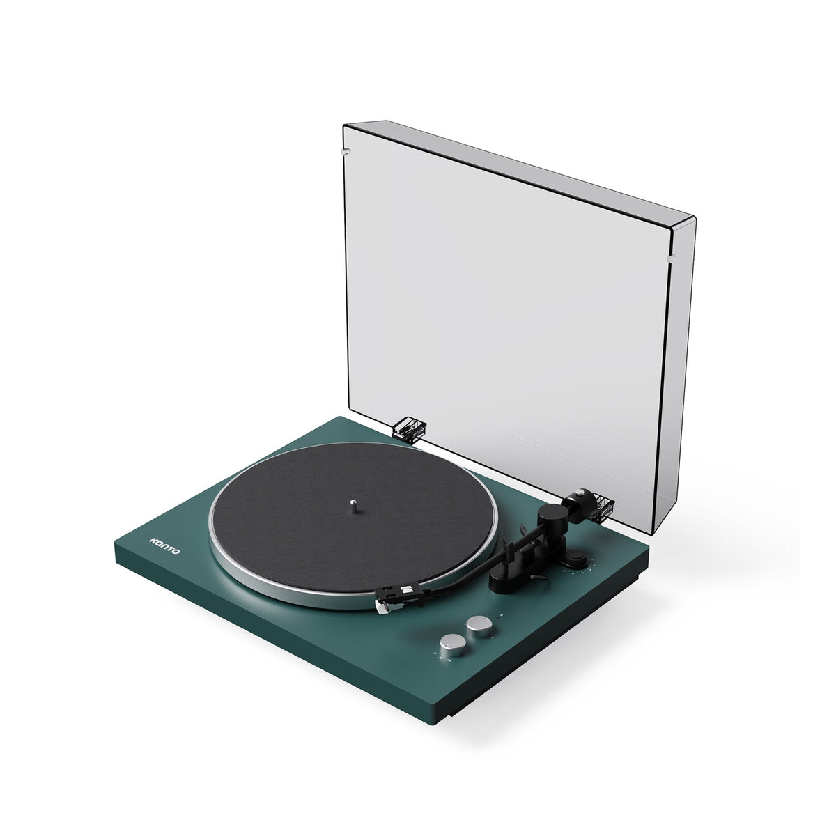 Kanto Audio OBI3 Gen 2 turntable, Green, angled view with dustcover open