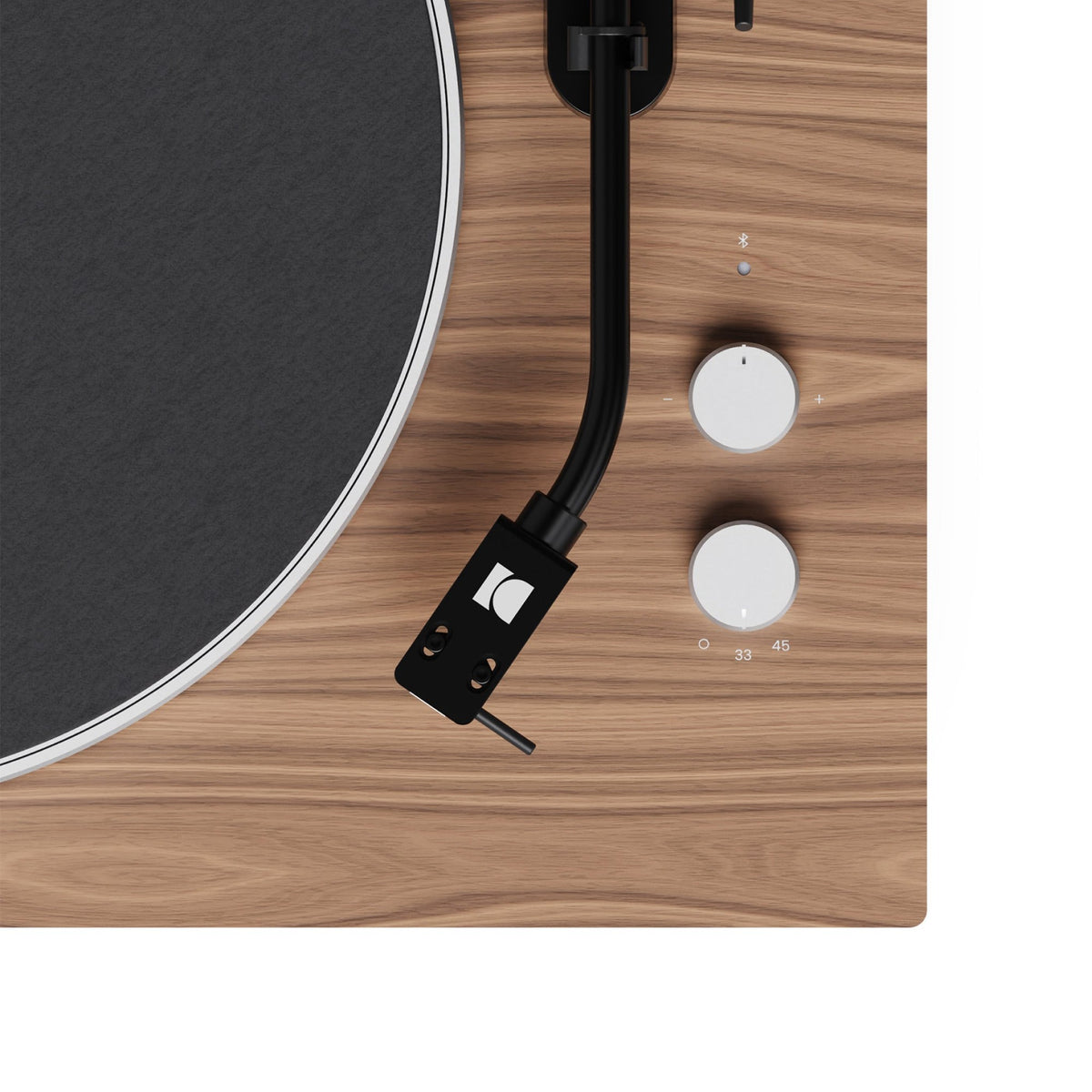 Kanto Audio OBI3 Gen 2 turntable, Walnut, tonearm and speed controls detail