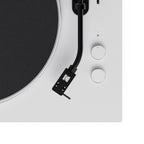 Kanto Audio OBI3 Gen 2 turntable, White, close-up of tonearm and start/speed buttons