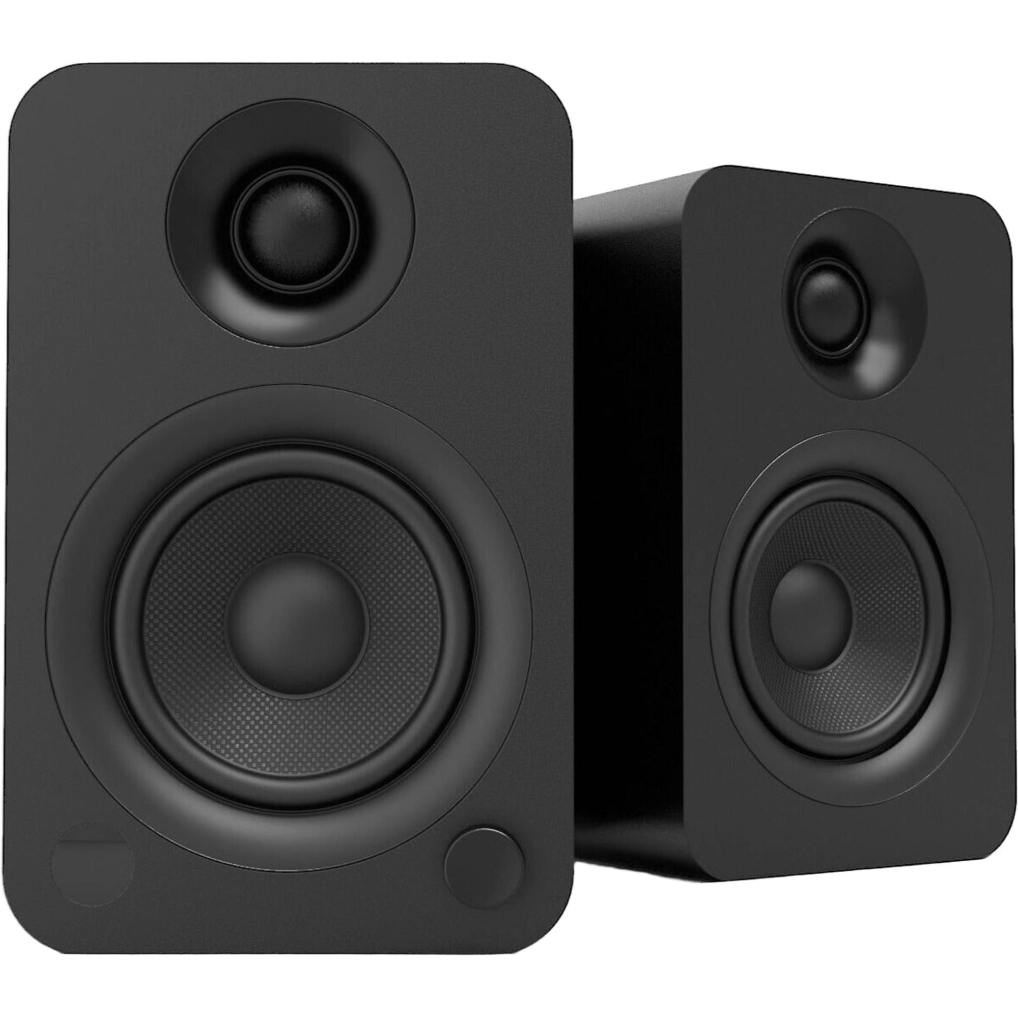 Black Kanto Audio YU wireless speakers shown with sleek design and twin speaker units for high-quality audio.