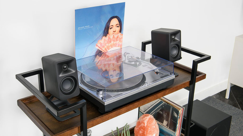 Kanto Audio Ora desktop speakers, lifestyle setup in black