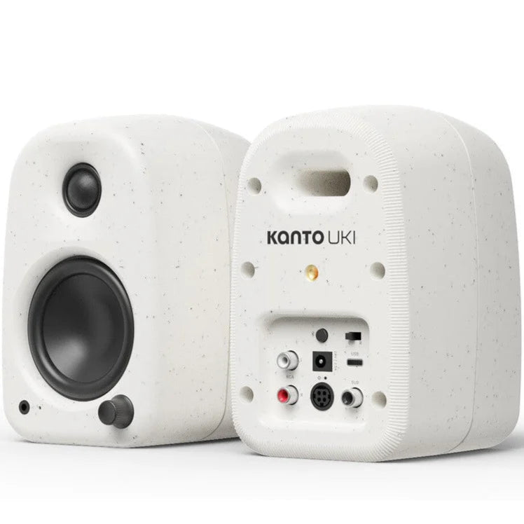 Kanto Audio UKI desktop speakers with Bluetooth, active bookshelf speakers, compact design, black finish, and 100W power output.