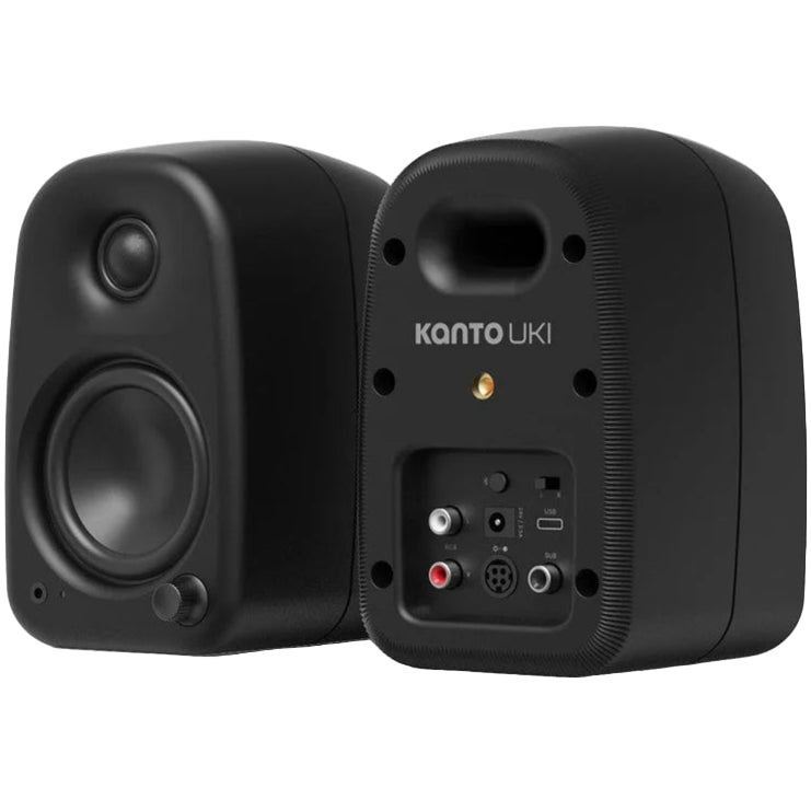 Kanto Audio UKI desktop speakers with Bluetooth, active bookshelf speakers, black finish, compact design, and 100W power output.