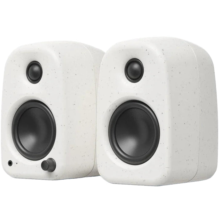 Kanto Audio UKI desktop speakers with Bluetooth, white active bookshelf speakers, 100W power output, modern design.