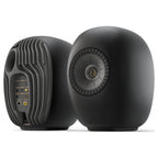 KEF LS Luxe wireless speakers in Eclipse Black, front and rear view of the pair