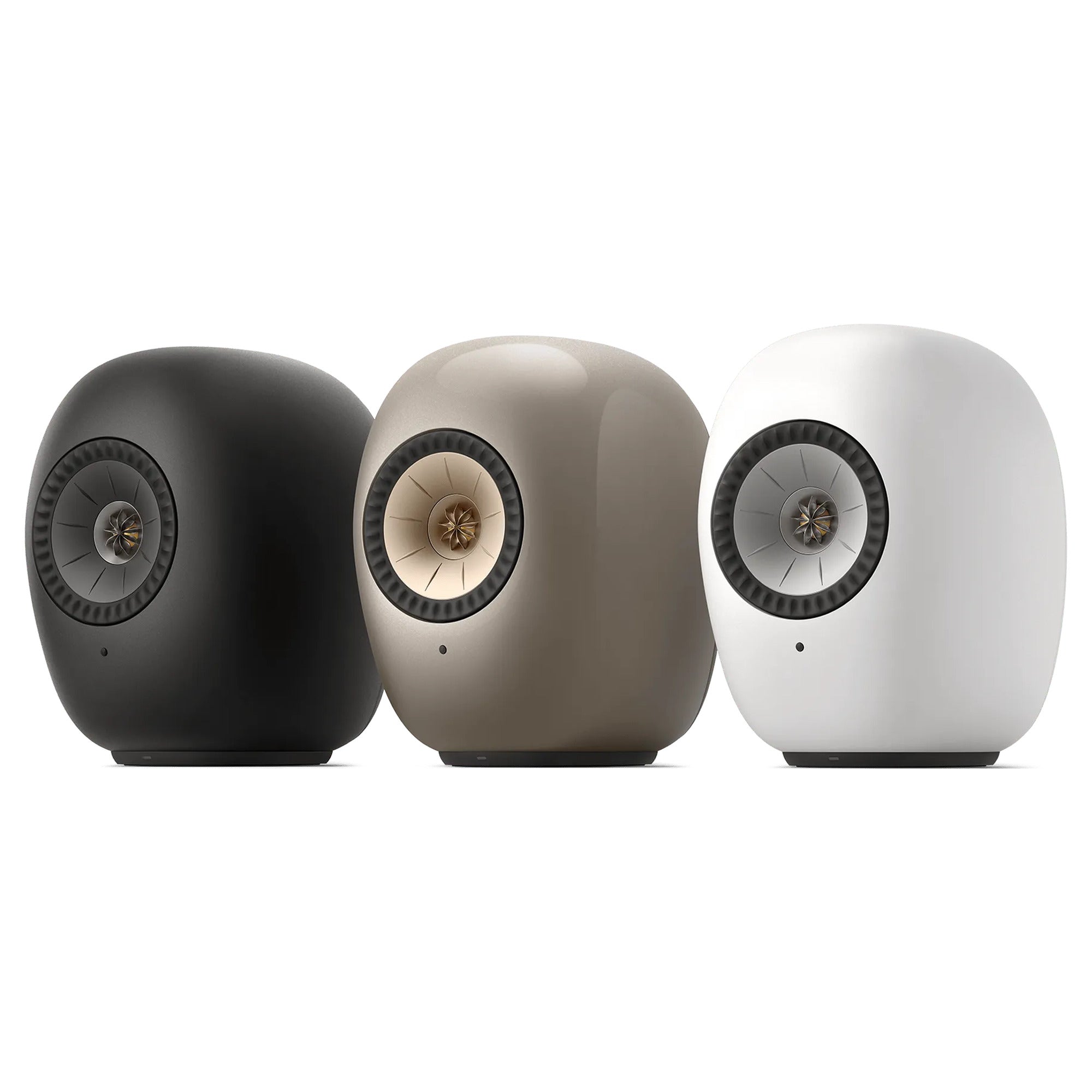 KEF LS Luxe line-up in Eclipse Black, Dusk Titanium and Mineral White finishes