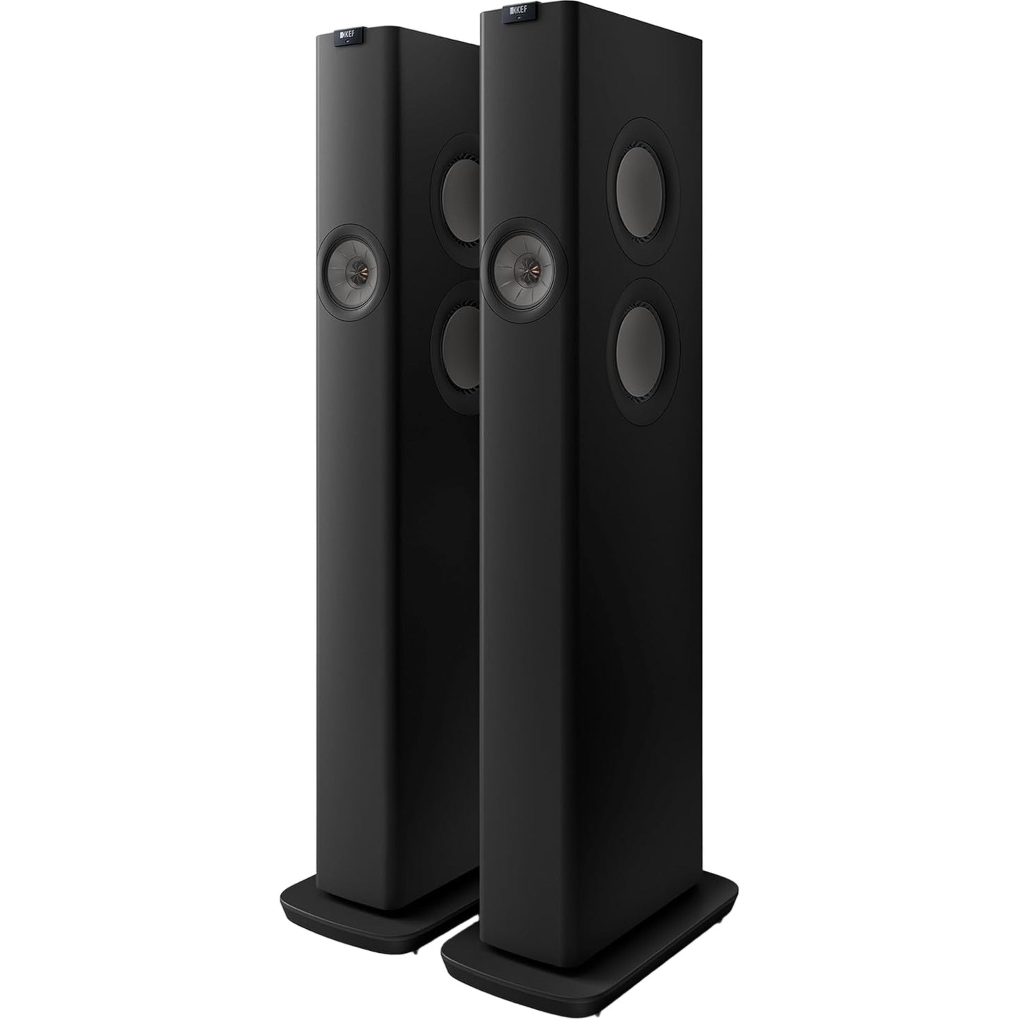 Pair of KEF LS60 Wireless floorstanding speakers showcasing sleek black design and modern audio technology.