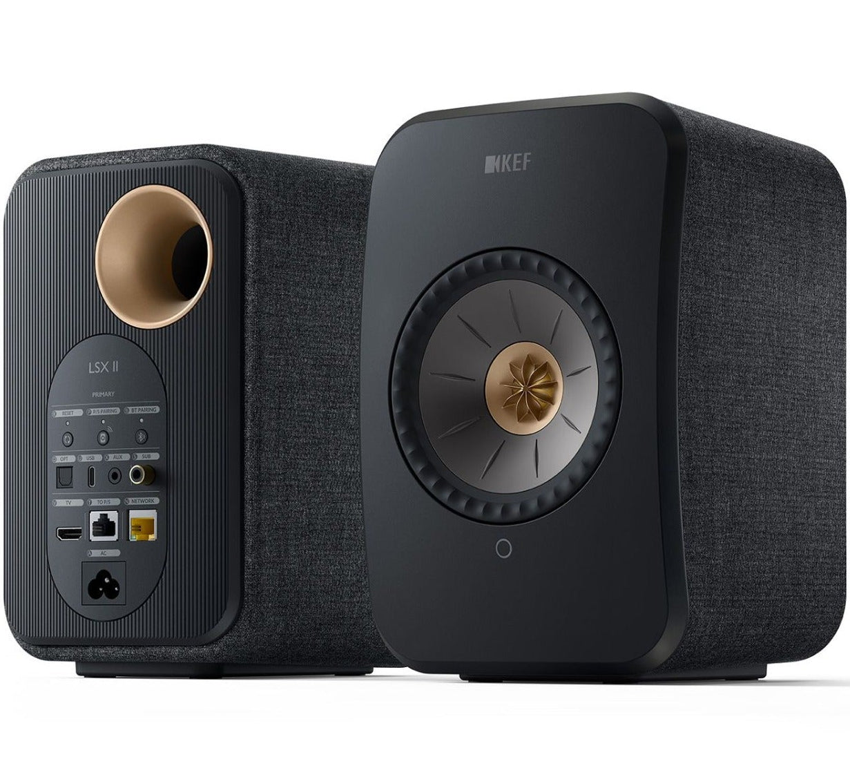 KEF LSX II, active bookshelf speakers, front, carbon black