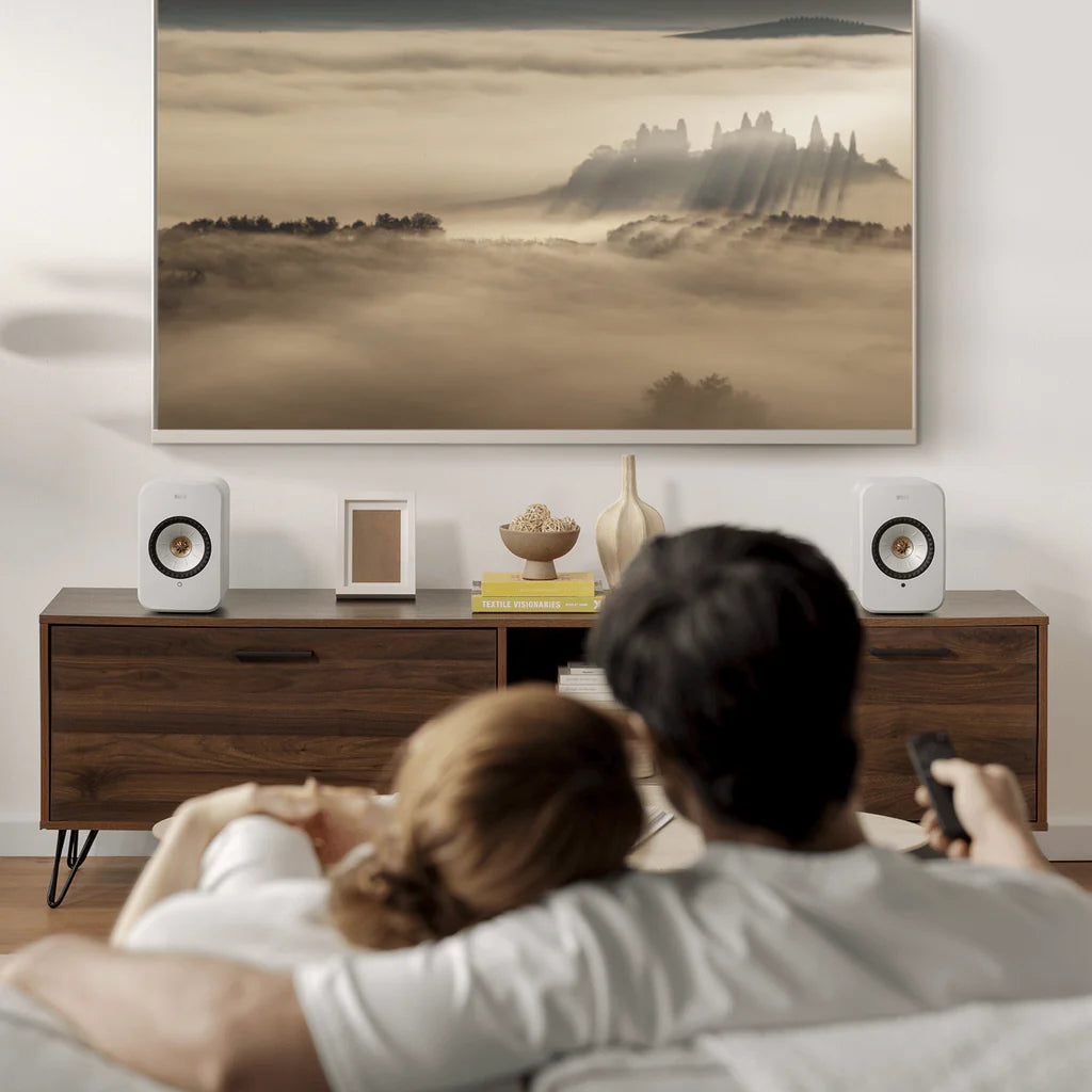 KEF LSX II wireless bookshelf speakers, on floor stands