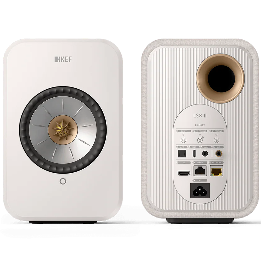 KEF LSX II wireless bookshelf speakers, on floor stands