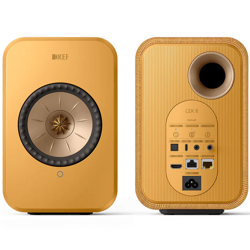 KEF LSX II wireless bookshelf speakers, on floor stands