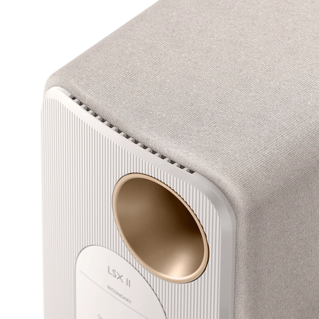 KEF LSX II wireless bookshelf speakers, on floor stands