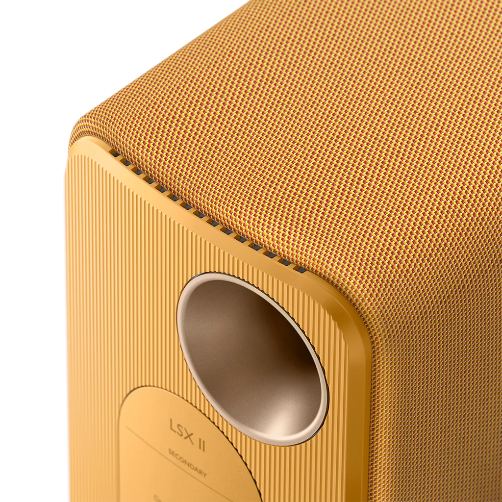 KEF LSX II wireless bookshelf speakers, on floor stands